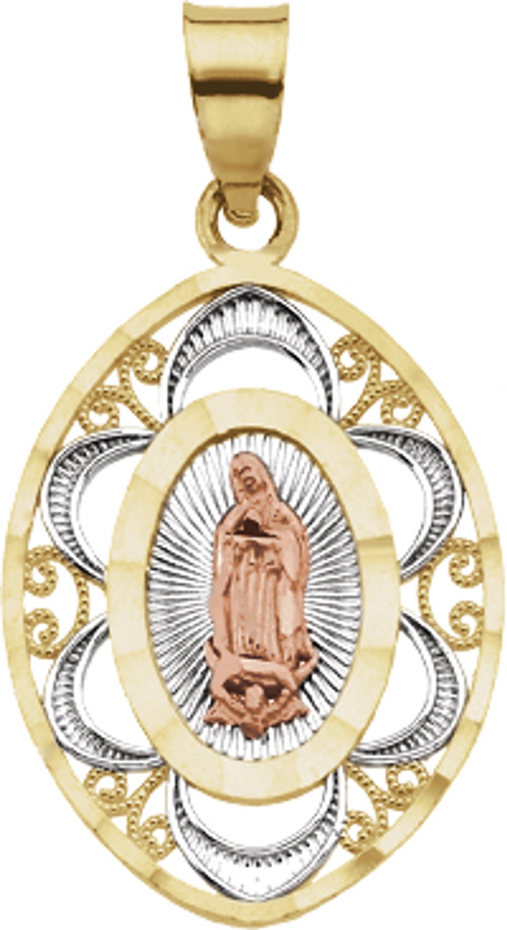 14K Yellow/Rose 22x17 mm Oval Our Lady of Guadalupe Medal with Rhodium Plating