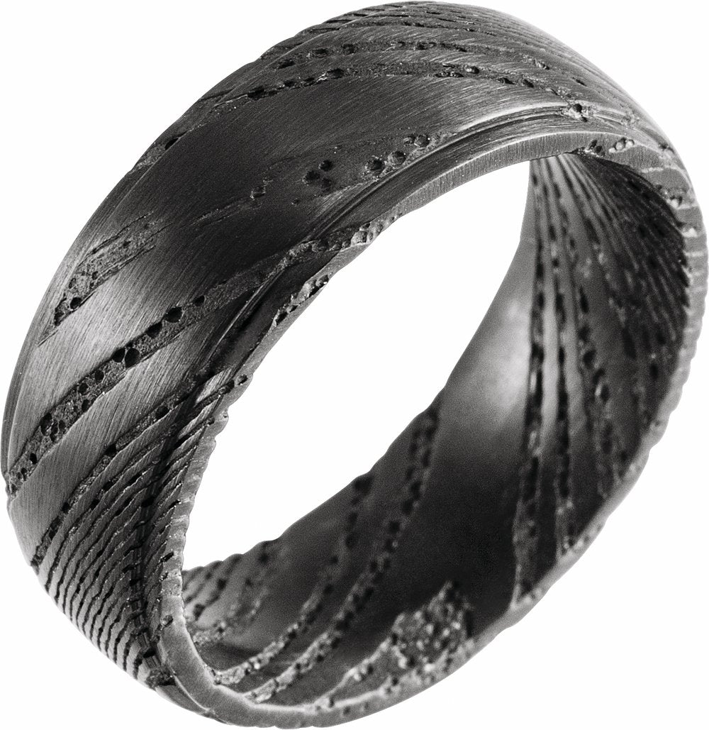 Black Damascus Steel 8 mm Stepped-Edge Comfort-Fit Flat Band Size 7.5