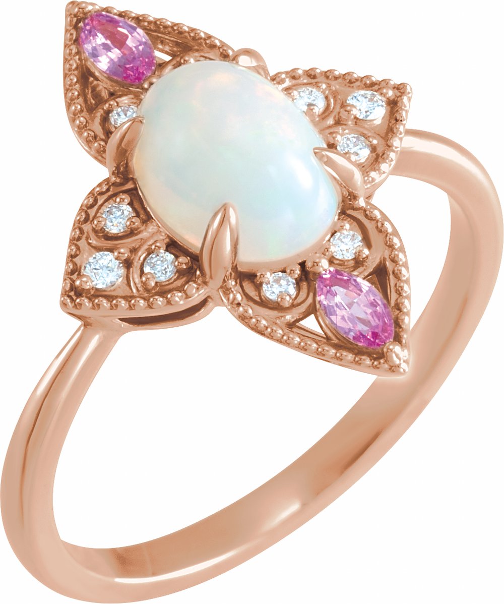 14K Rose Natural Ethiopian Opal, Natural Pink Sapphire & .05 CTW Natural Diamond Ring