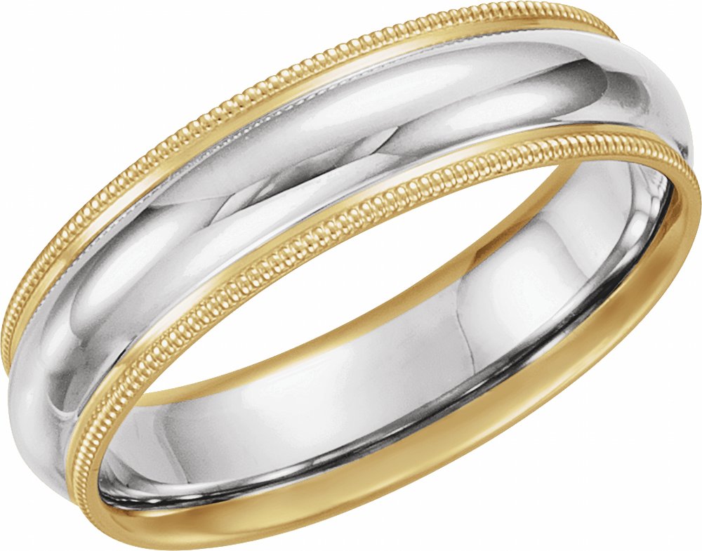 14K Yellow/White/Yellow 6 mm Milgrain Edge Grooved Comfort-Fit Half Round Band Size 8