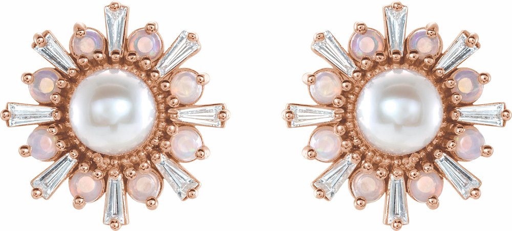 14K Rose Cultured White Akoya Pearl, Natural White Opal & 1/6 CTW Natural Diamond Earrings