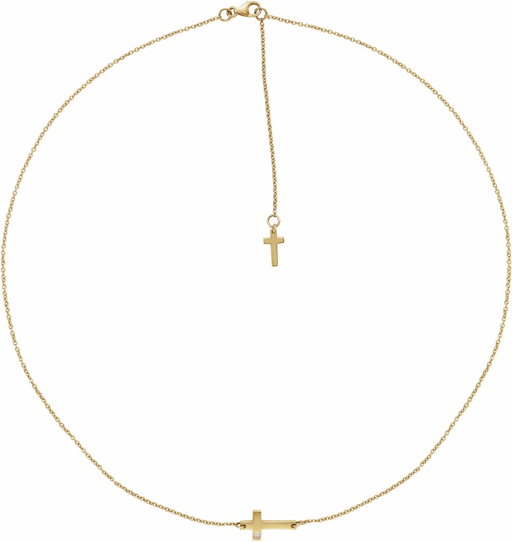 14K Yellow Gold .01 CT Natural Diamond Sideways Cross Necklace
