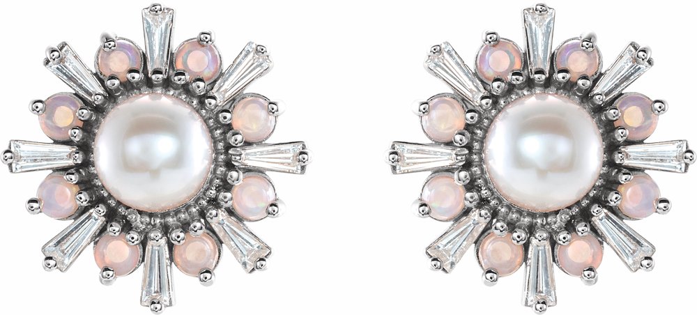 14K White Cultured White Akoya Pearl, Natural White Opal & 1/6 CTW Natural Diamond Earrings
