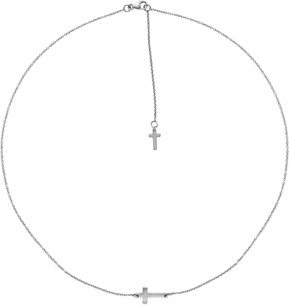 14K White Gold .01 CT Natural Diamond Sideways Cross Necklace