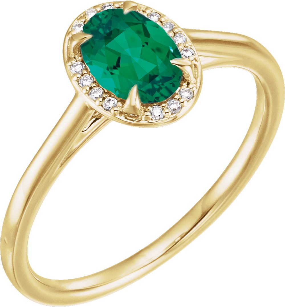 14K Yellow 7x5 mm Lab-Grown Emerald & .03 CTW Natural Diamond Ring