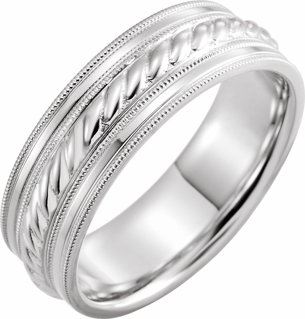 14K White 7 mm Milgrain Edge Rope Comfort-Fit Half Round Band Size 12.5