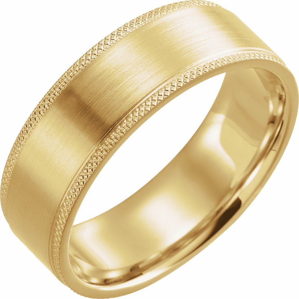 14K Yellow Gold 7 mm Knurled Stepped-Edge Flat Band Size 10