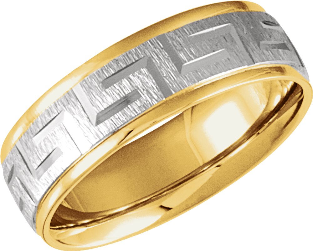 14K Yellow/White/Yellow Gold 7 mm Greek Key Comfort-Fit Half Round Band Size 10