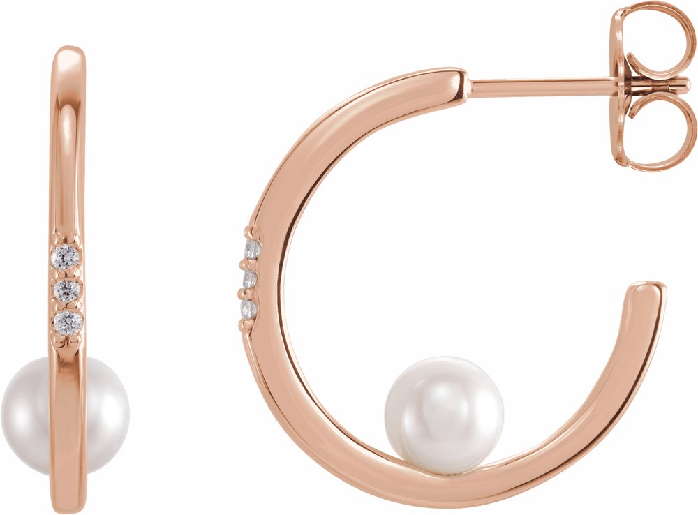 14K Rose Gold Cultured White Freshwater Pearl & .025 CTW Natural Diamond Hoop Earrings