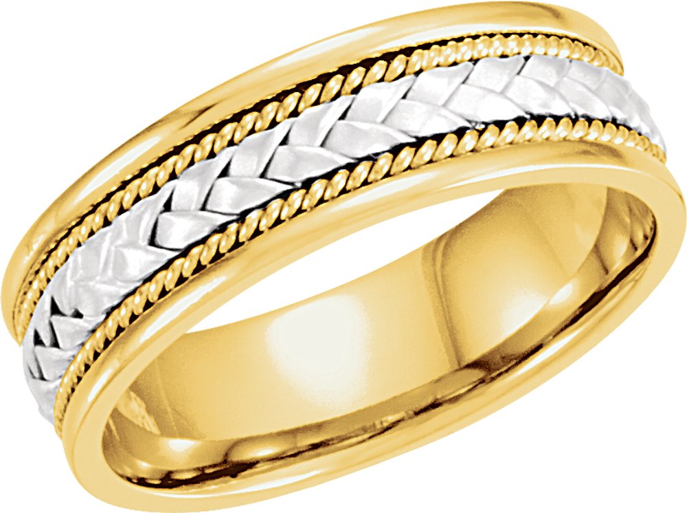 14K Yellow/White 6.75 mm Rope Hand-Woven Comfort-Fit Flat Band Size 10