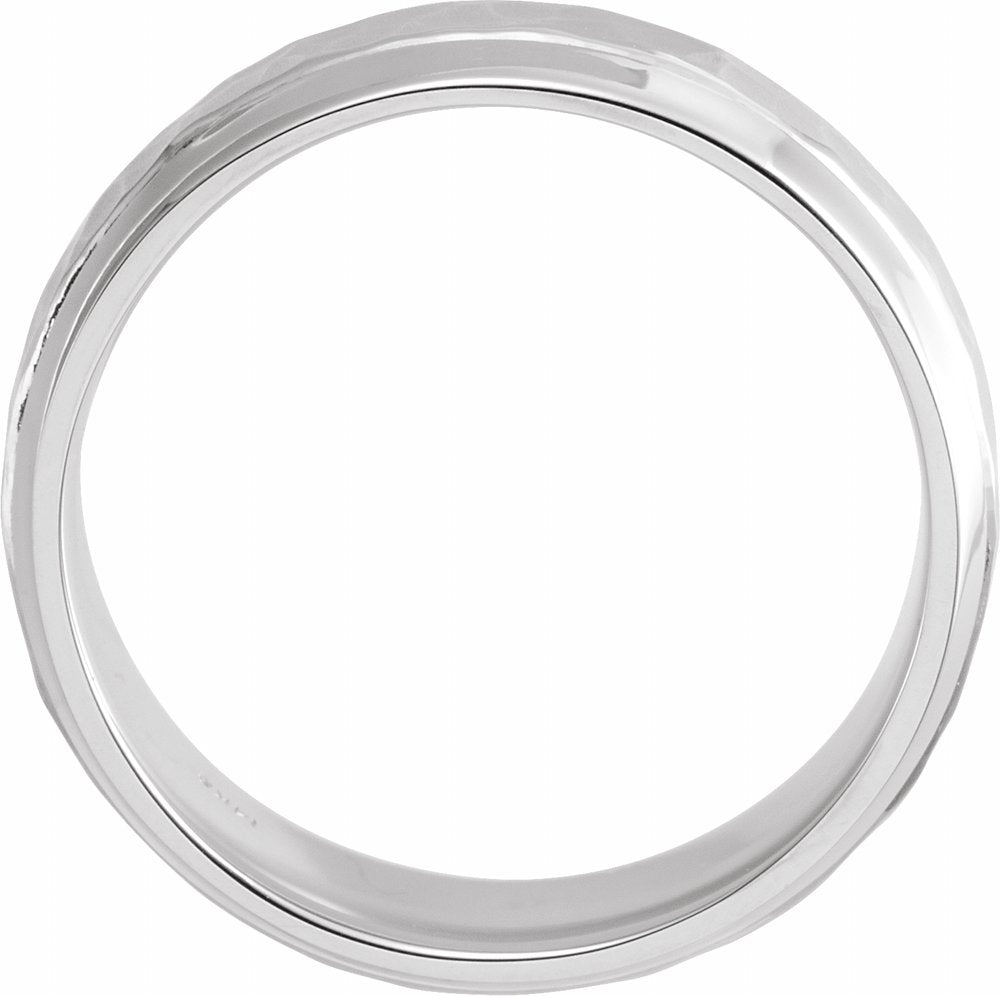14K X1 White Gold 7 mm Beveled-Edge Comfort-Fit Half Round Band with Hammer Finish Size 9.5
