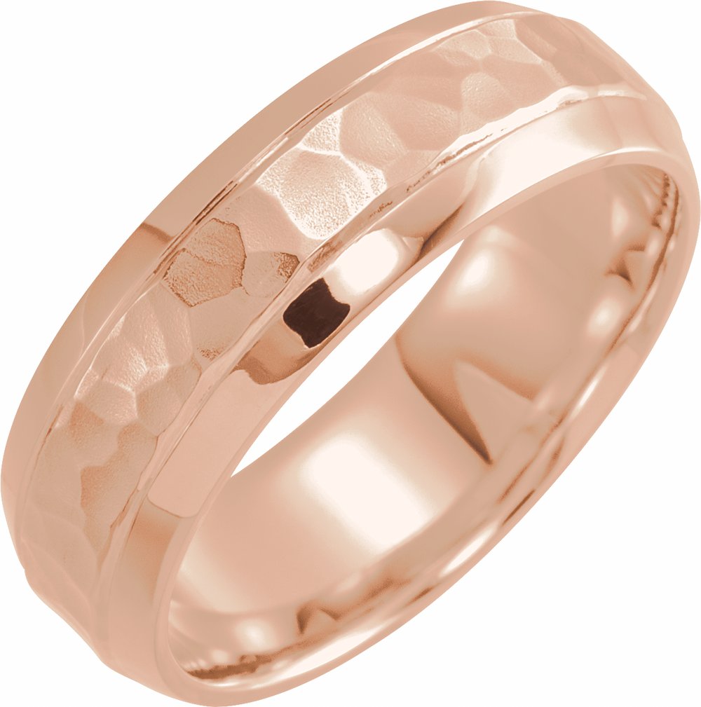 14K Rose Gold 5 mm Beveled-Edge Comfort-Fit Half Round Band with Hammer Finish Size 7.5