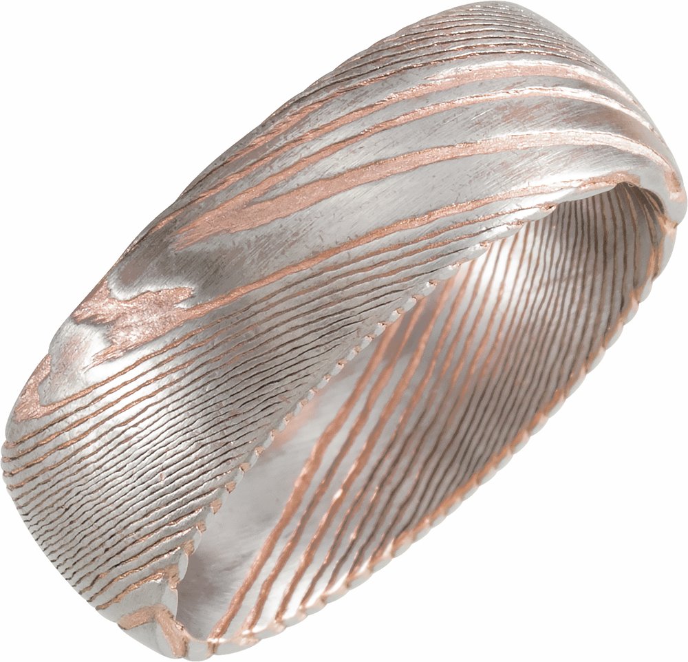 18K Rose Gold PVD Damascus Steel 8 mm Comfort-Fit Half Round Band Size 7
