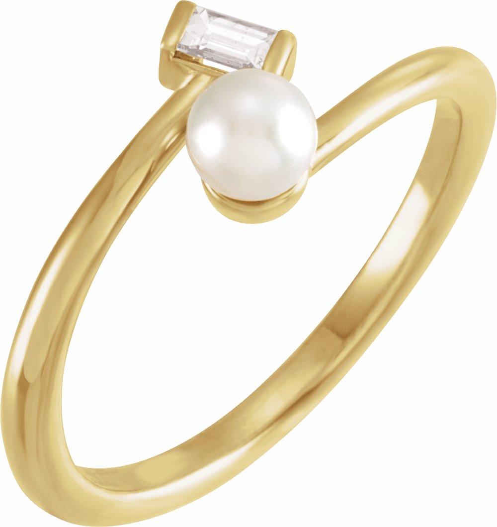 14K Yellow Cultured White Akoya Pearl & 1/10 CT Natural Diamond Ring