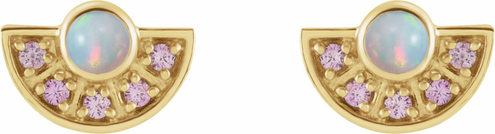 14K Yellow Natural Ethiopian Opal & Natural Pink Sapphire Fan Earrings