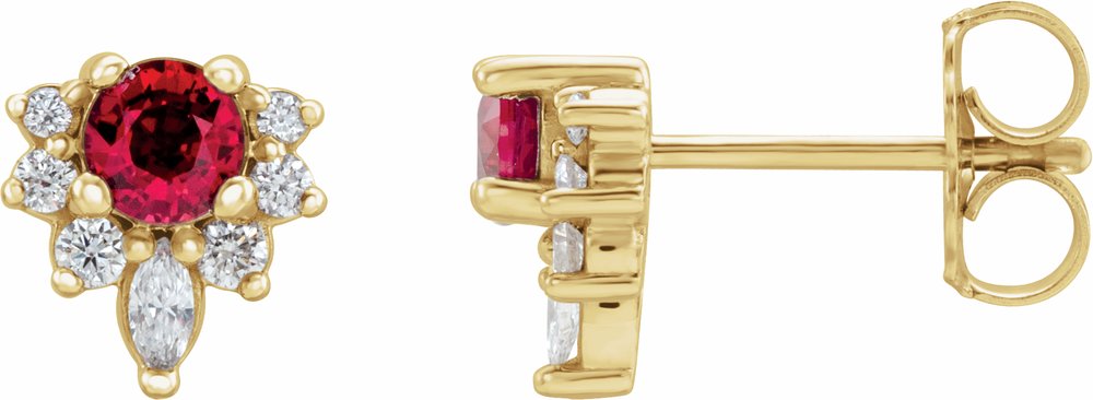 14K Yellow Gold Lab-Grown Ruby & 1/6 CTW Natural Diamond Earrings