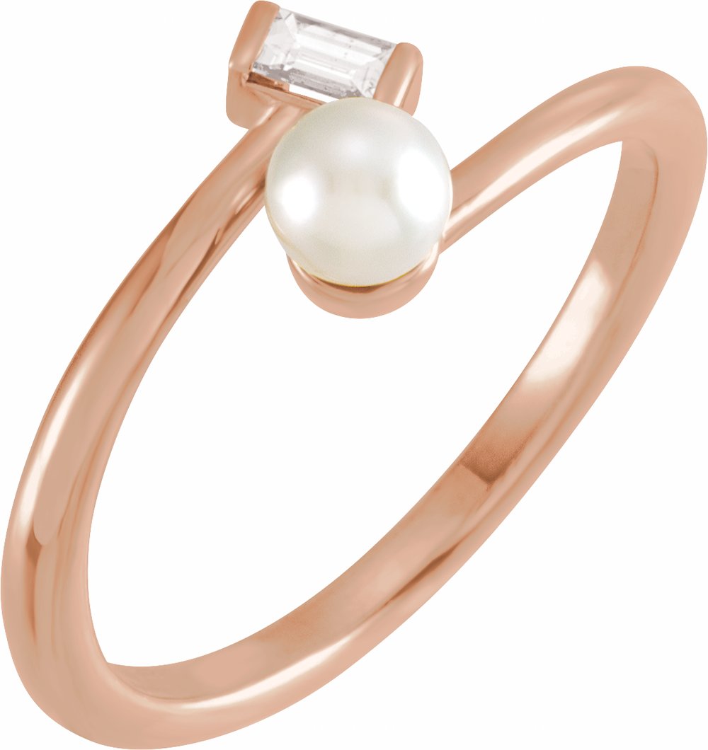 14K Rose Gold Cultured White Akoya Pearl & 1/10 CT Natural Diamond Ring