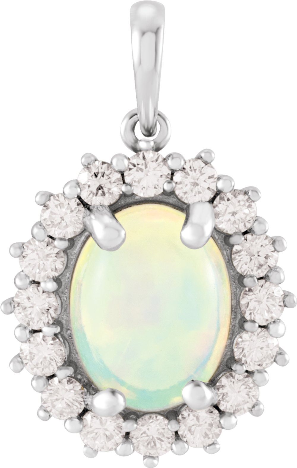 14K White Natural Ethiopian Opal & 1/3 CTW Natural Diamond Halo-Style Pendant