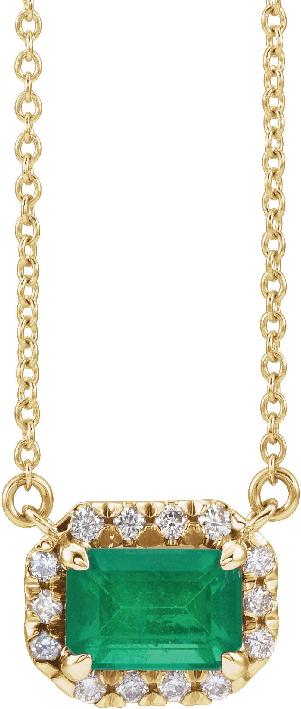 14K Yellow Gold 6x4 mm Natural Emerald & 1/5 CTW Natural Diamond Halo-Style 18" Necklace