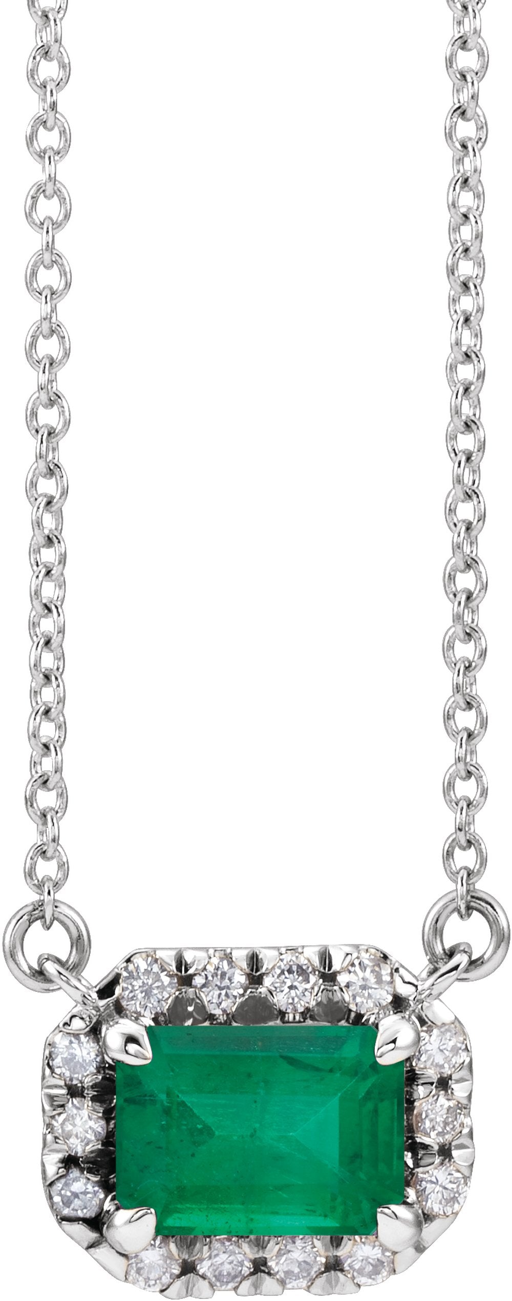 14K White Gold 6x4 mm Natural Emerald & 1/5 CTW Natural Diamond Halo-Style 18" Necklace