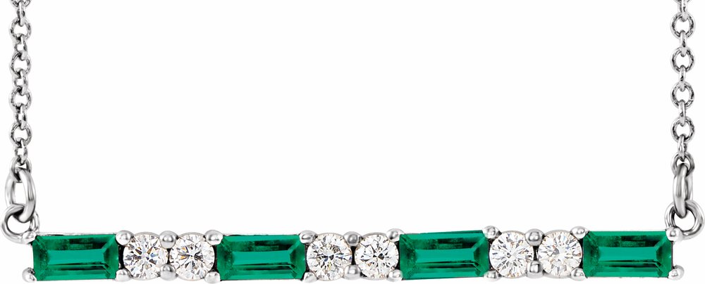 14K White Lab-Grown Emerald & 1/6 CTW Natural Diamond Bar 16-18" Necklace
