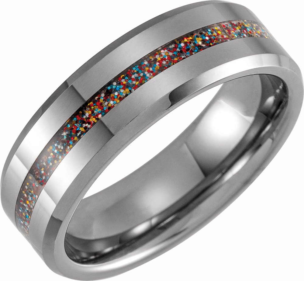 Tungsten 8 mm Beveled Band with Color Chip Inlay Size 12