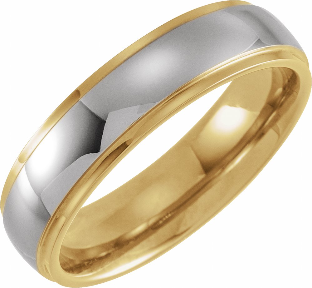 Tungsten & 18K Yellow Gold PVD Inlay 6 mm Stepped-Edge Comfort-Fit Half Round Band Size 7