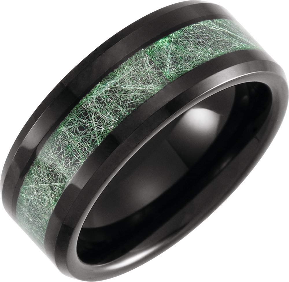 Black PVD Tungsten 8 mm Beveled-Edge Imitation Meteorite Inlay Comfort-Fit Band Size 7