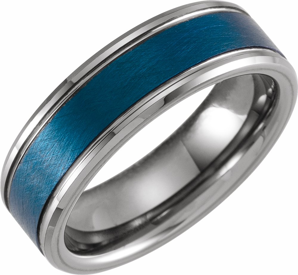 Blue PVD Tungsten 7 mm Beveled-Edge Grooved Inlay Comfort-Fit Band Size 7
