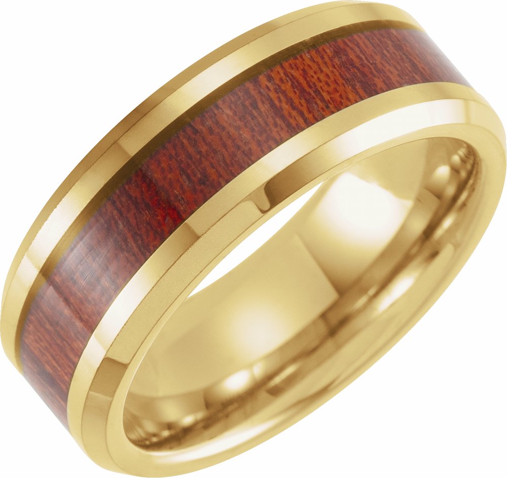 18K Yellow Gold PVD Tungsten 8 mm Beveled-Edge Walnut Wood Inlay Comfort-Fit Band Size 7
