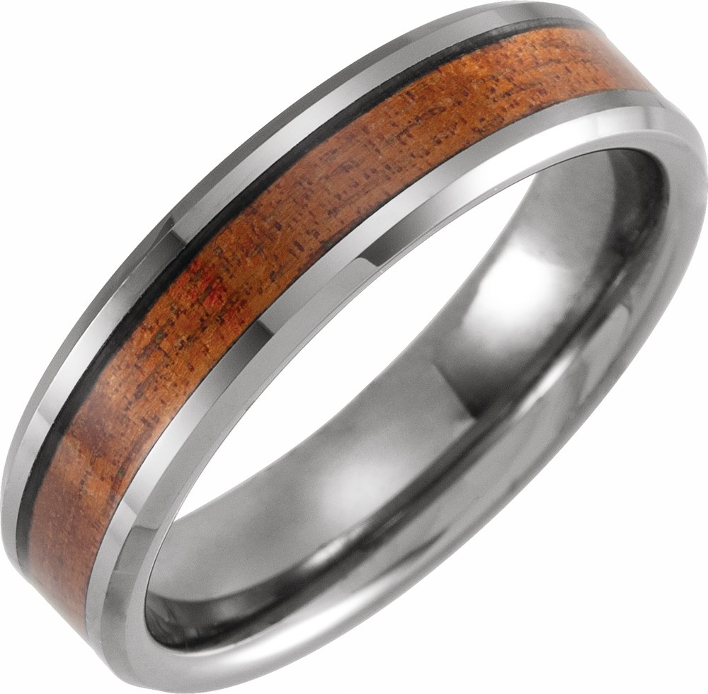 Tungsten 6 mm Beveled Band with Acacia Wood Inlay Size 7.5