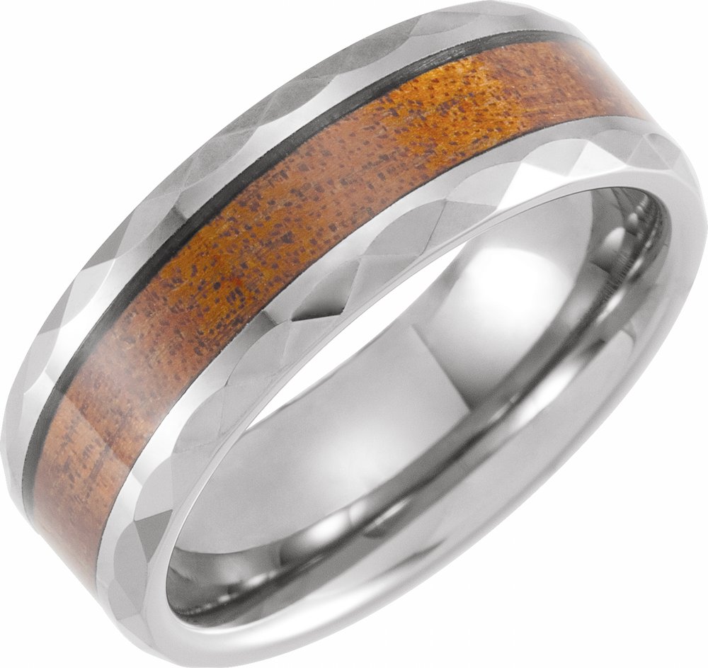 Tungsten 8 mm Geometric Faceted Beveled-Edge Acacia Wood Inlay Comfort-Fit Band Size 7