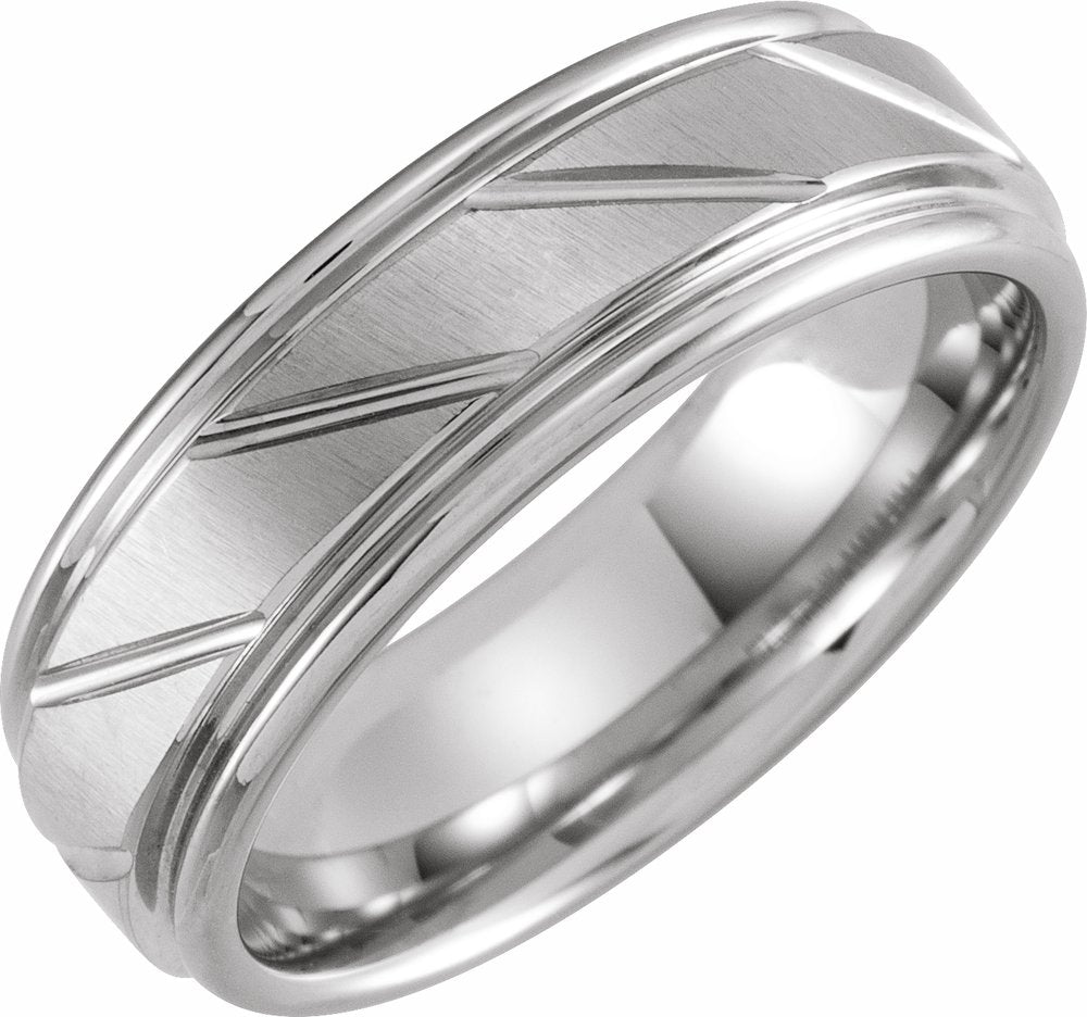 Tungsten 7 mm Stepped-Edge Grooved Comfort-Fit Flat Band Size 7.5