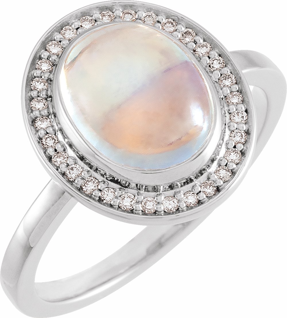14K White Natural Rainbow Moonstone & 1/8 CTW Natural Diamond Halo-Style Ring