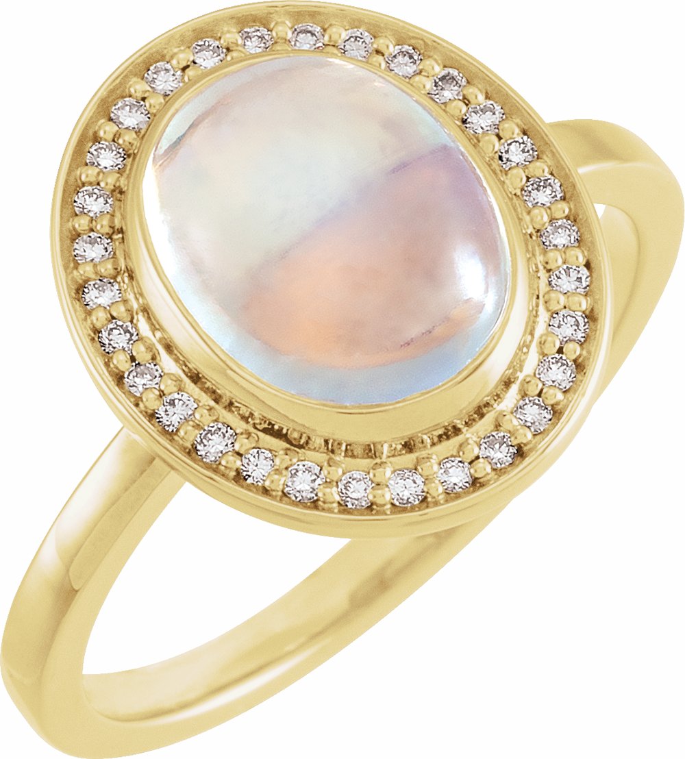 14K Yellow Natural Rainbow Moonstone & 1/8 CTW Natural Diamond Halo-Style Ring