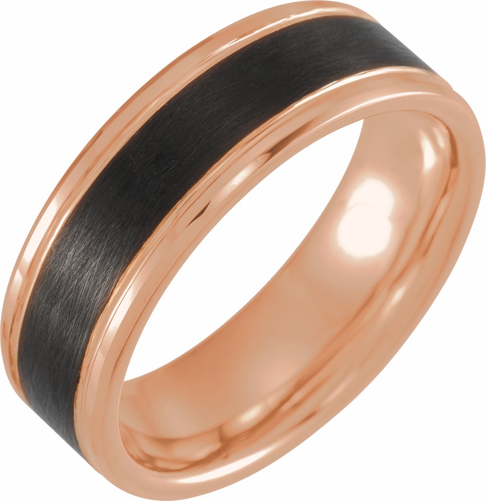 18K Rose Gold PVD & Black PVD Tungsten 8 mm Beveled Stepped-Edge Comfort-Fit Band Size 7.5