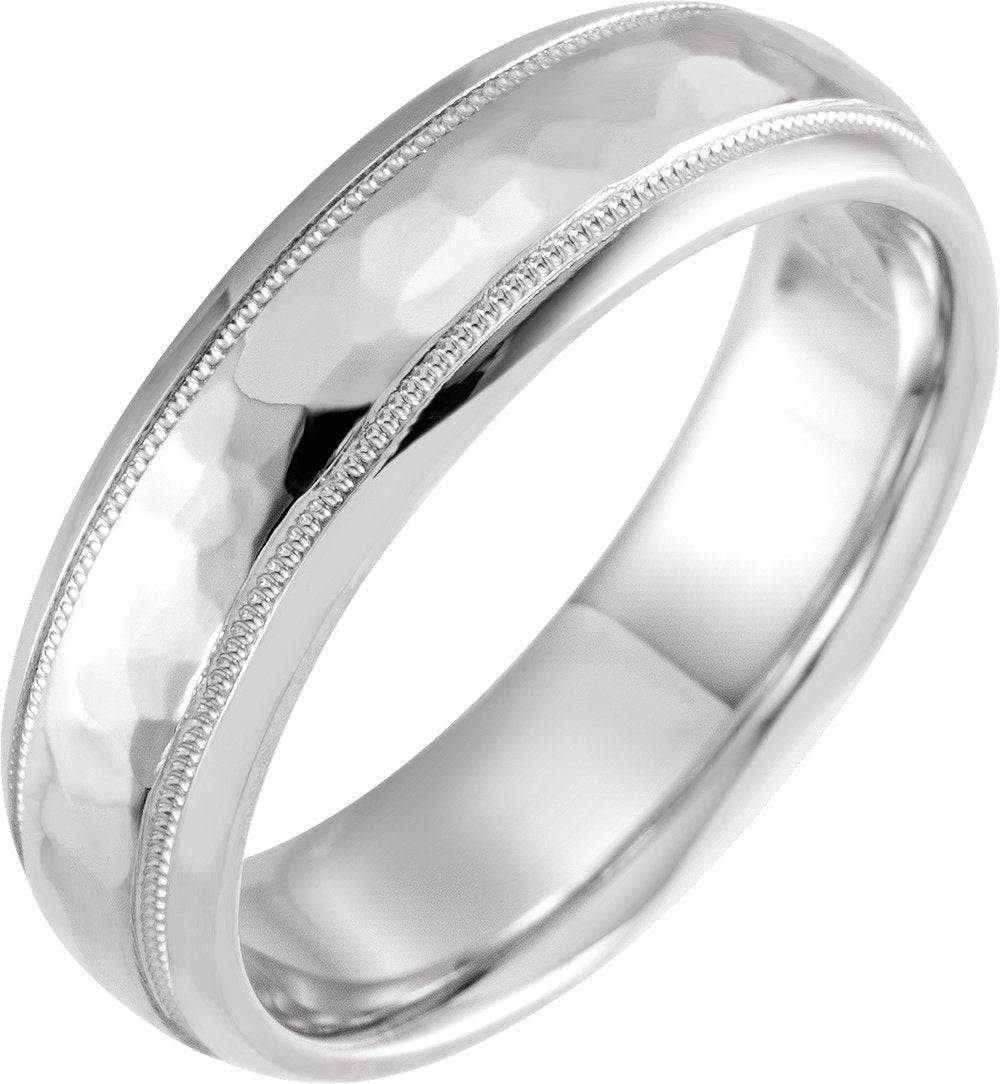 10K White 6 mm Half Round Band with Hammered Texture & Milgrain Size 7.5