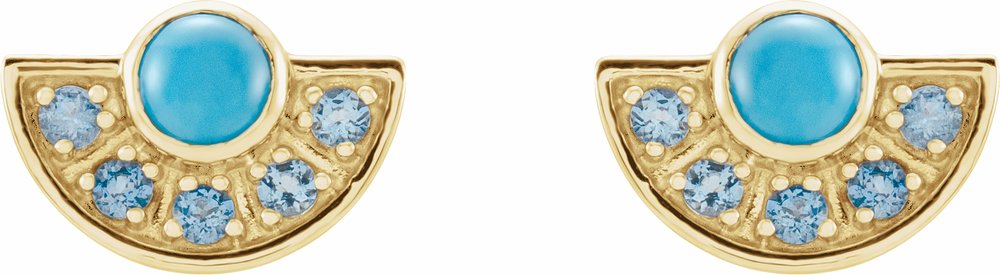 14K Yellow Natural Turquoise & Natural Aquamarine Fan Earrings
