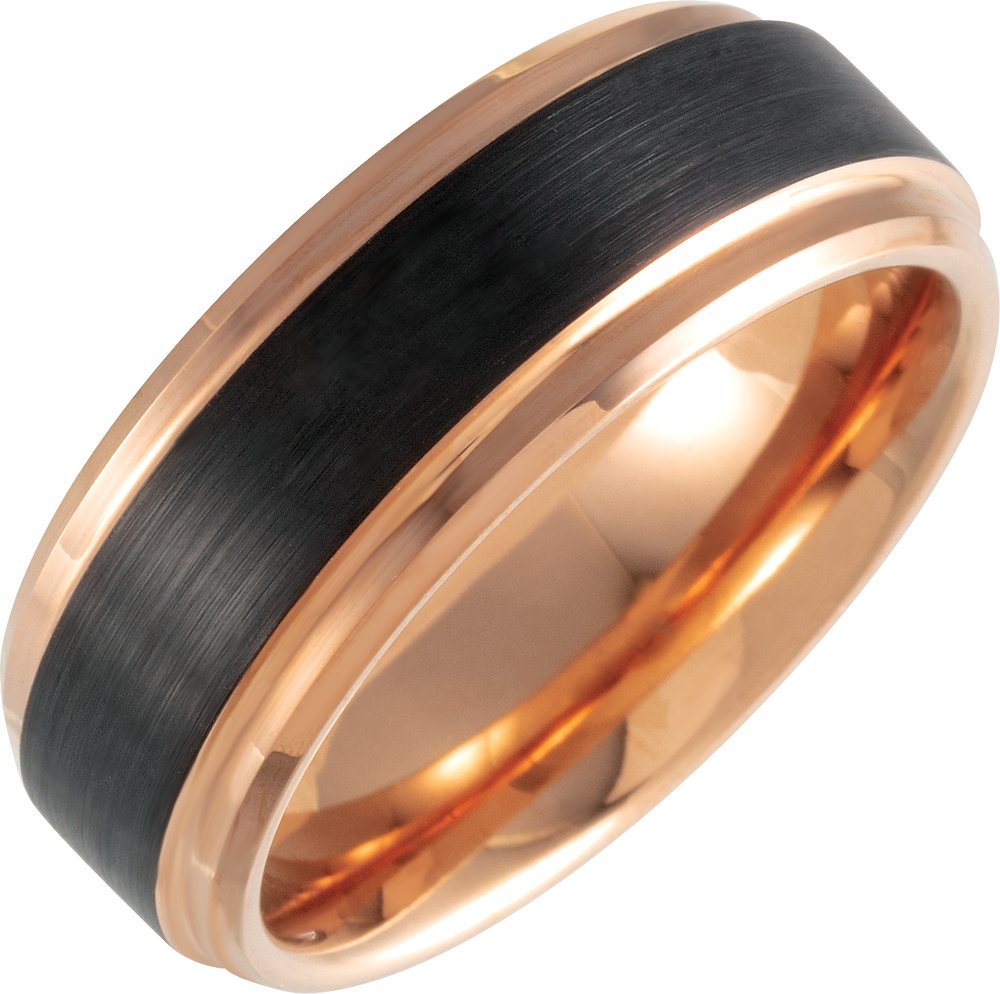 18K Rose Gold PVD & Black PVD Tungsten Beveled Stepped Edge Satin Band Size 7