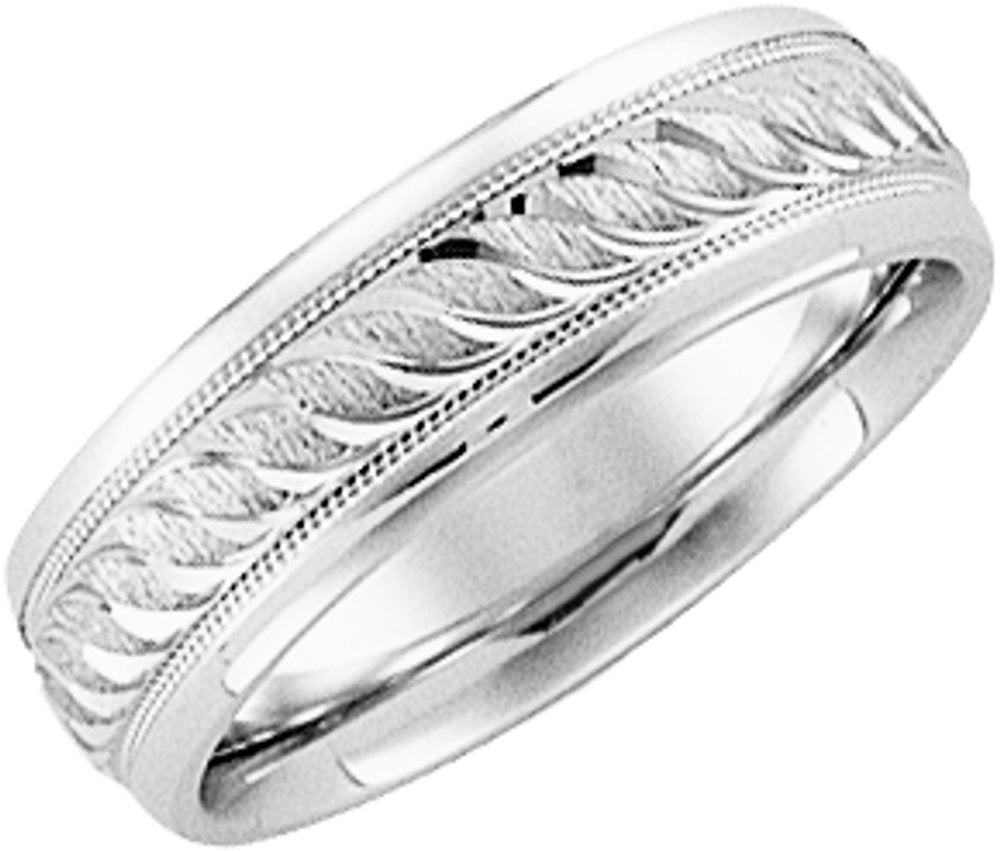 14K White Gold 6 mm Milgrain Design-Engraved Comfort-Fit Half Round Band Size 13.5