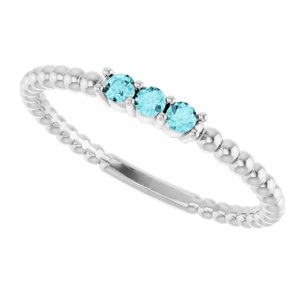 14K White Gold Natural Blue Zircon Beaded Ring