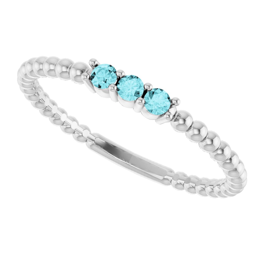 14K White Gold Natural Blue Zircon Beaded Ring