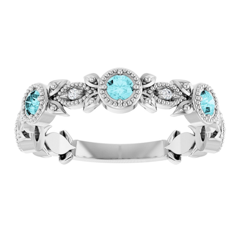 14K White Gold Natural Blue Zircon & .03 CTW Natural Diamond Leaf Ring