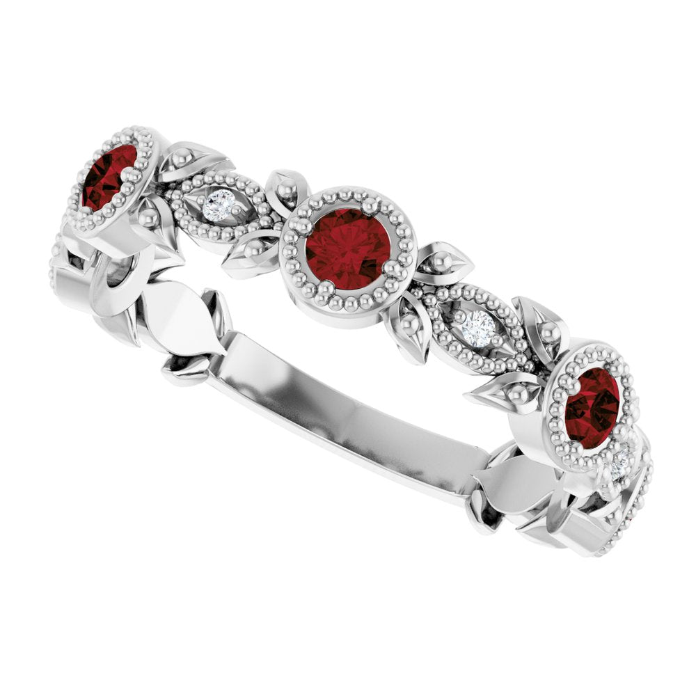 14K White Gold Natural Mozambique Garnet & .03 CTW Natural Diamond Leaf Ring