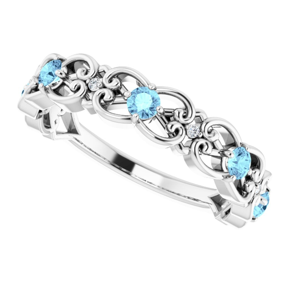 14K White Gold Natural Aquamarine & .02 CTW Natural Diamond Scroll Ring