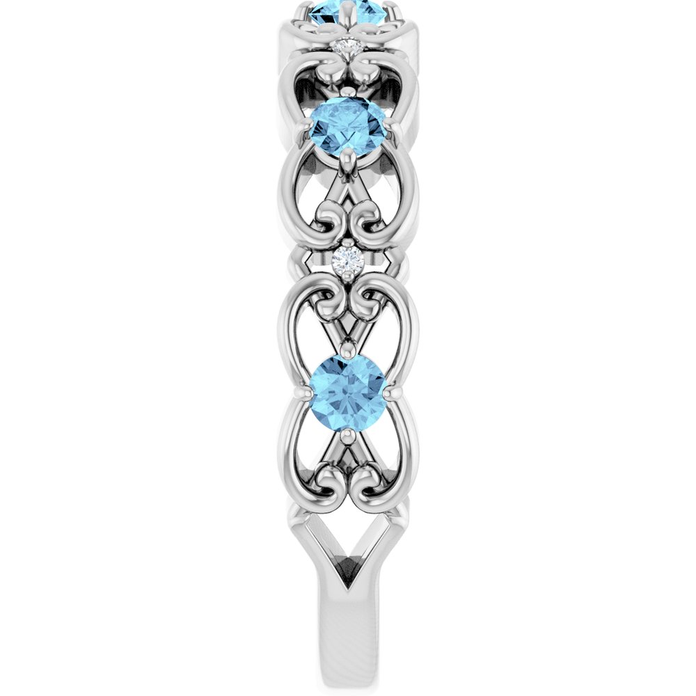 14K White Gold Natural Aquamarine & .02 CTW Natural Diamond Scroll Ring