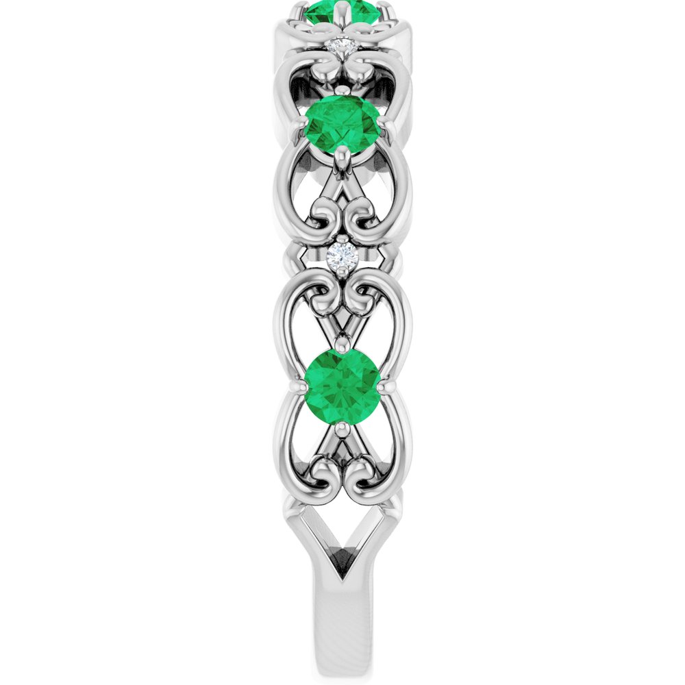 14K White Gold Natural Emerald & .02 CTW Natural Diamond Scroll Ring