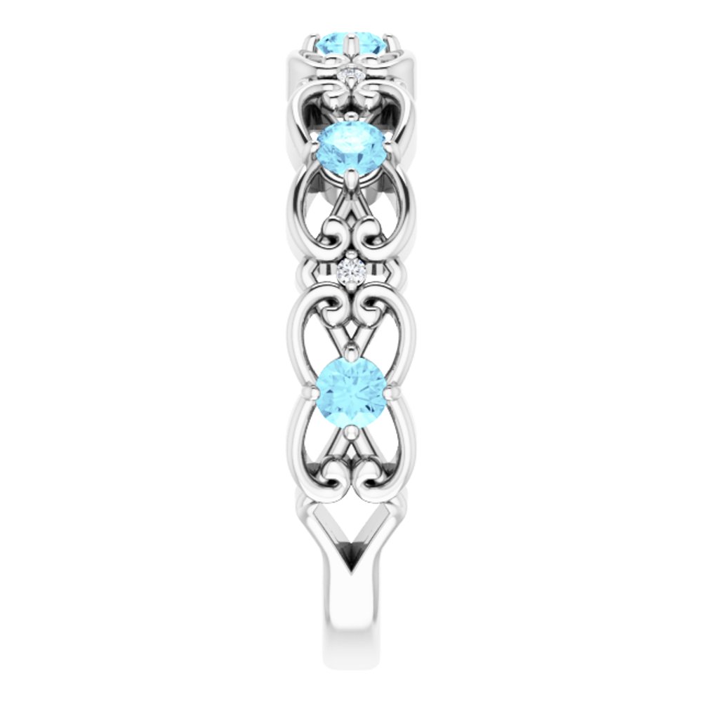 14K White Gold Natural Aquamarine & .02 CTW Natural Diamond Scroll Ring