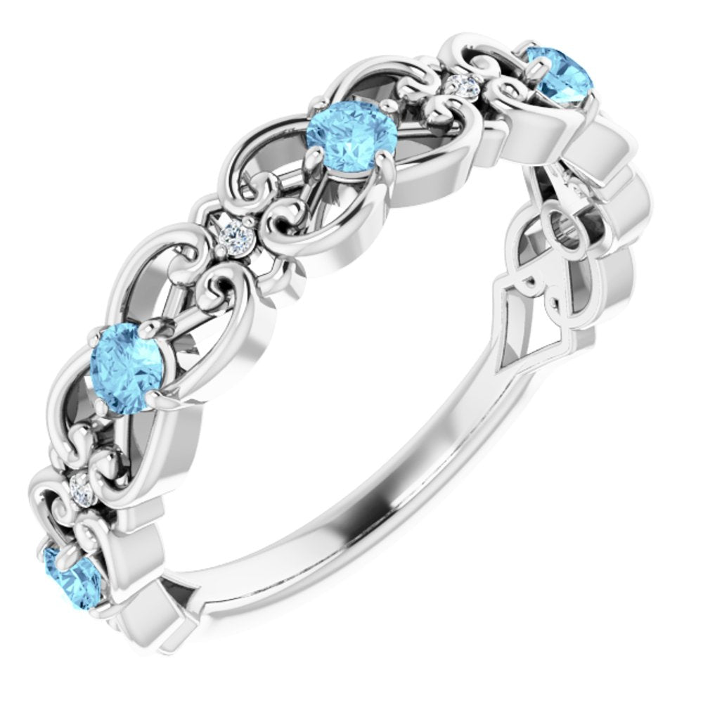 14K White Gold Natural Aquamarine & .02 CTW Natural Diamond Scroll Ring