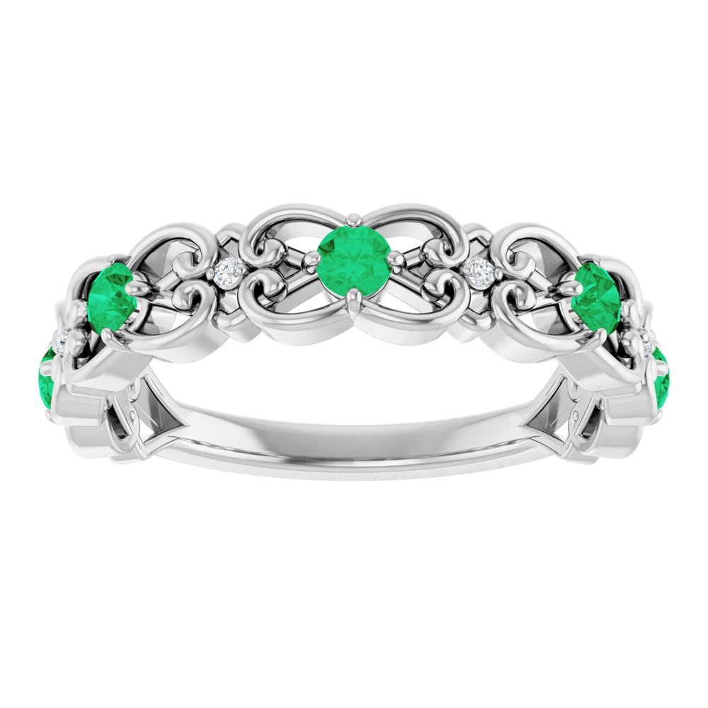 14K White Gold Natural Emerald & .02 CTW Natural Diamond Scroll Ring